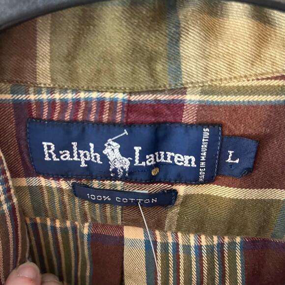 Ralph Lauren Green Tan Burgundy Plaid LS Button Down Shirt Large Pony - Picture 5 of 5